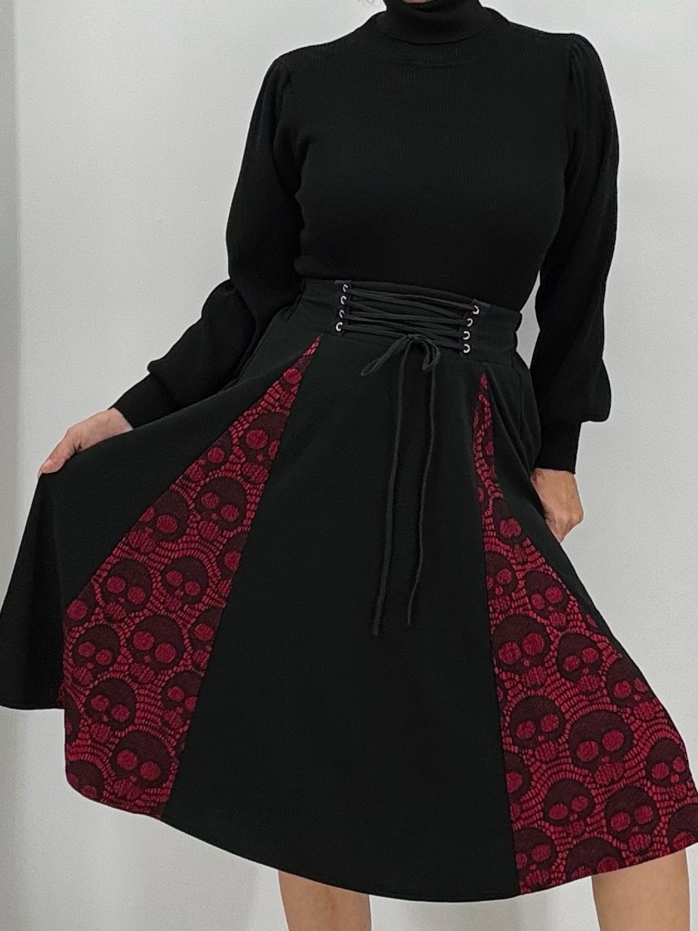Vintage Y2K Whimsigoth Fairycore Witchy Goth Vampy Skull Print Lace Up Skirt